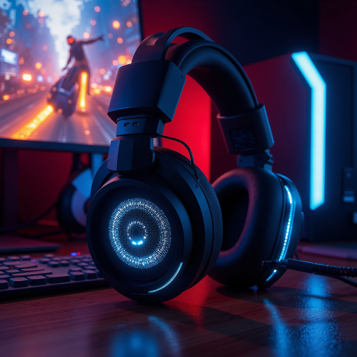 三十岁左右男性头像，穿黑色电竞服装，蓝色霓虹灯光背景